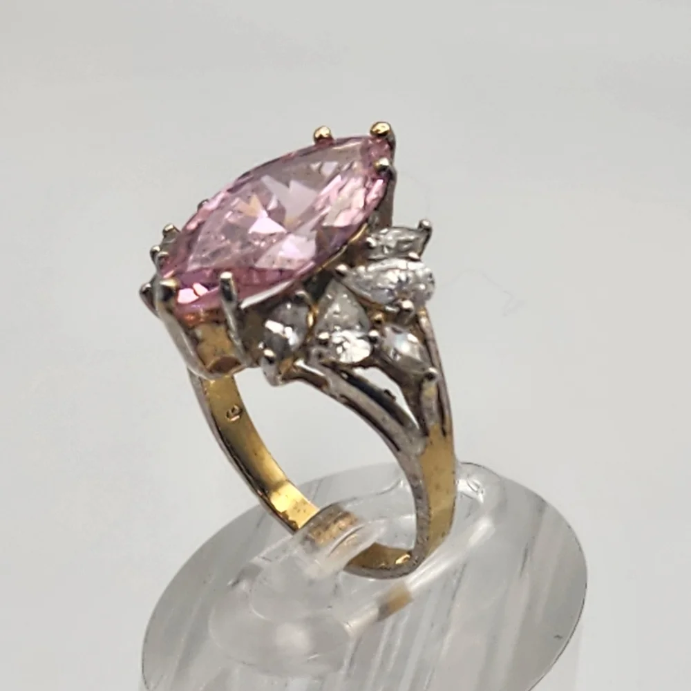 Vintage JL Gold Plated Sterling Silver Pink & Clear Crystal Ring (6.5)